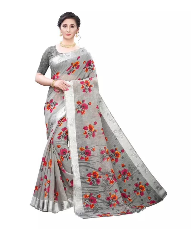 Grey Art Silk Floral Printed Saree With Blouse