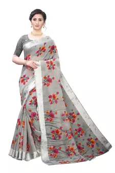 Grey Art Silk Floral Printed Saree With Blouse