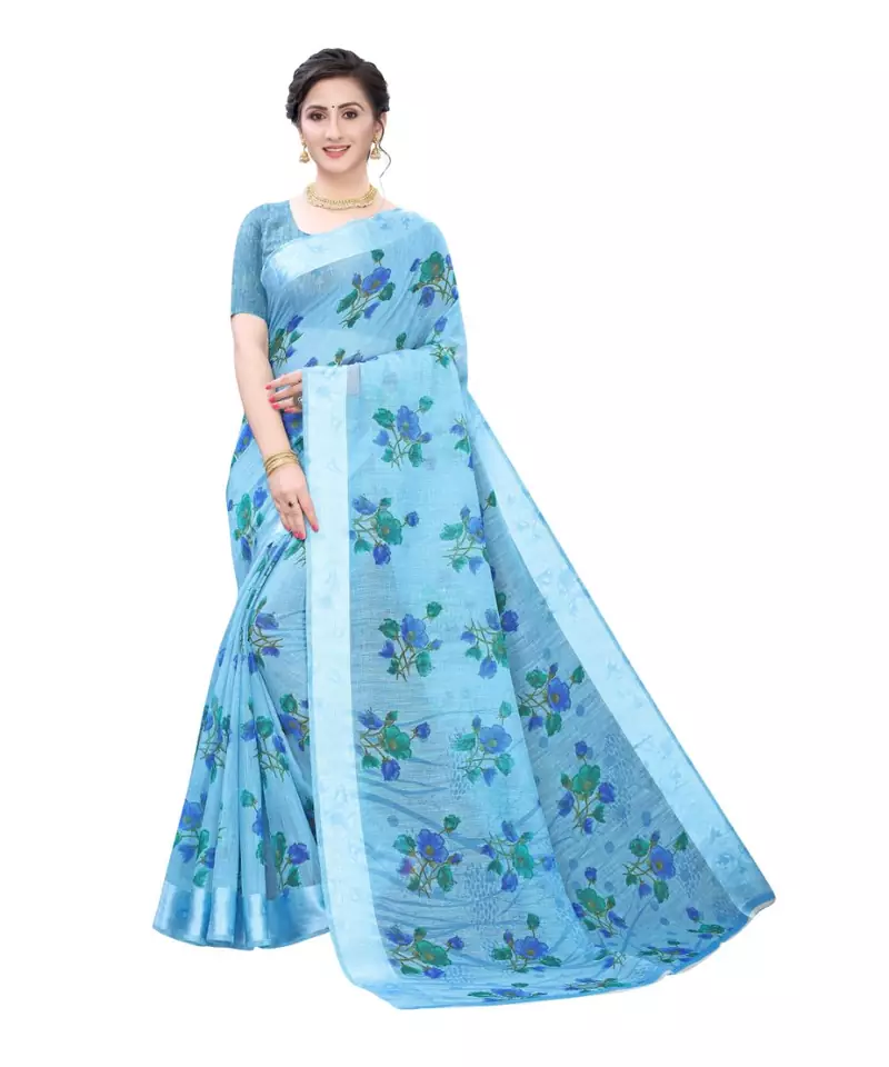 Blue Art Silk Floral Printed Saree With Blouse
