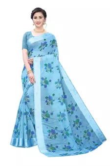 Blue Art Silk Floral Printed Saree With Blouse