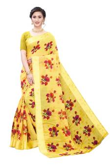 Yellow Art Silk Floral Printed Saree With Blouse