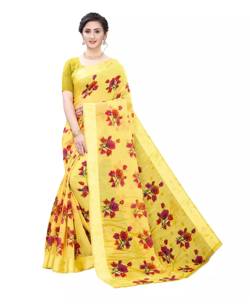 Yellow Art Silk Floral Printed Saree With Blouse