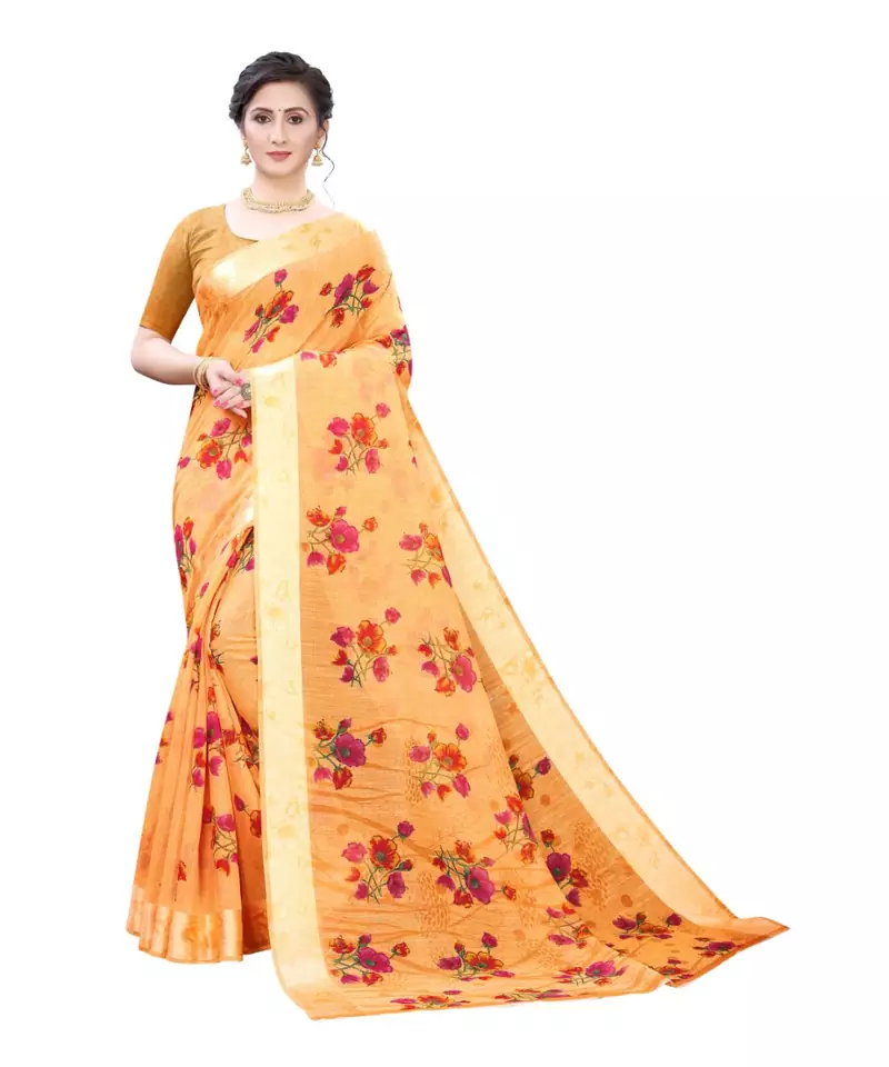 Orange Art Silk Floral Printed Saree With Blouse