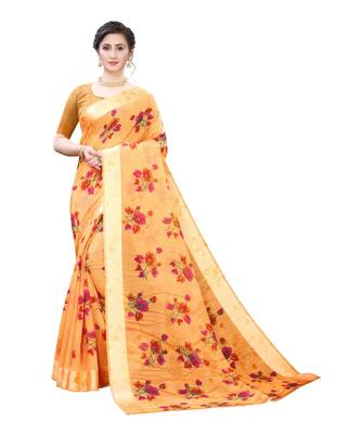 Orange Art Silk Floral Printed Saree With Blouse 1