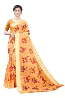 Orange Art Silk Floral Printed Saree With Blouse