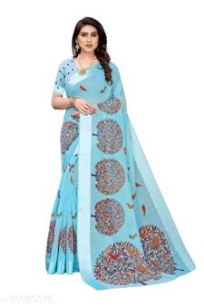 Blue Art Silk Floral Printed Saree With Blouse
