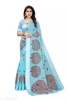 Blue Art Silk Floral Printed Saree With Blouse