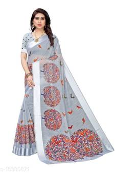 Grey Art Silk Floral Printed Saree With Blouse