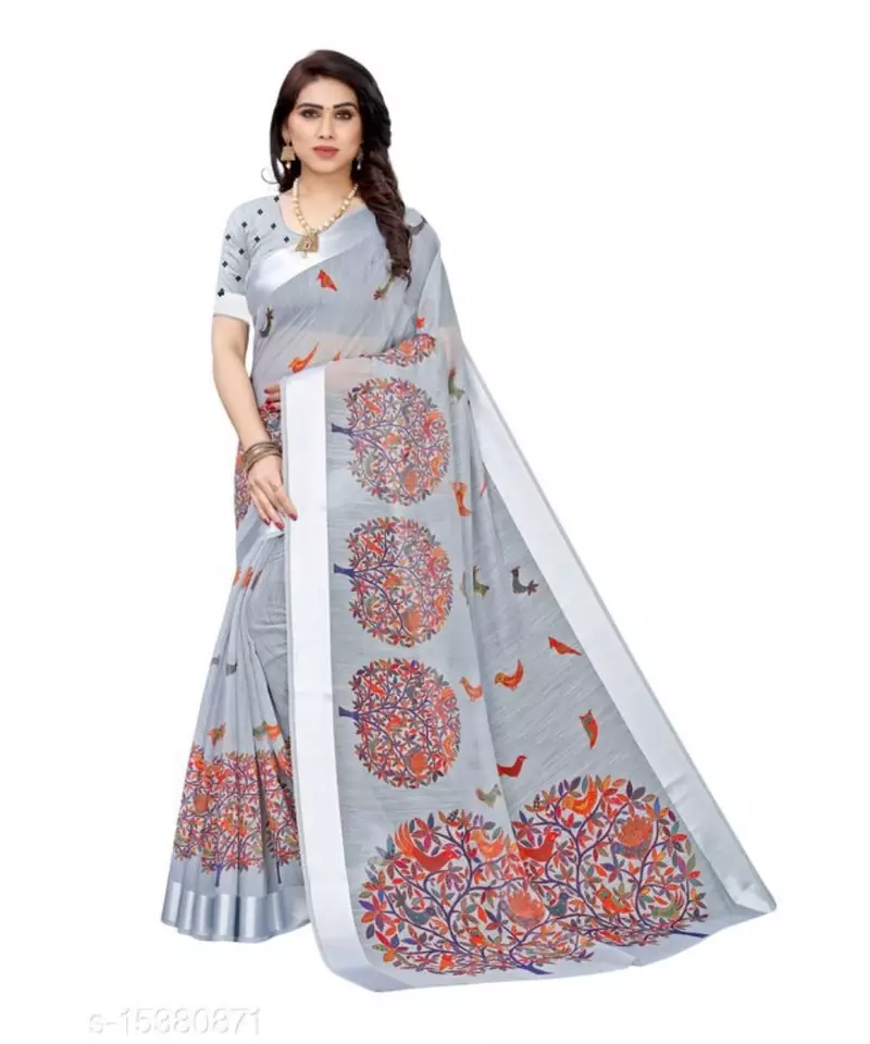 Grey Art Silk Floral Printed Saree With Blouse