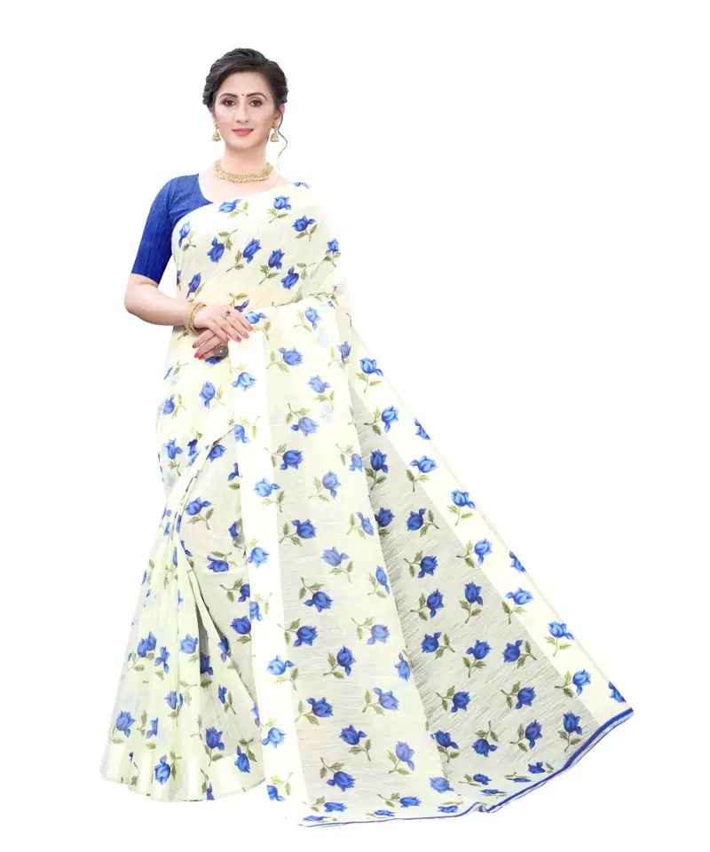 Cream Saree With Blue Floral Print Art Silk Saree With Blouse