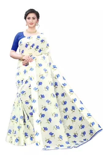 Cream Saree With Blue Floral Print Art Silk Saree With Blouse