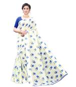 Cream Saree With Blue Floral Print Art Silk Saree With Blouse