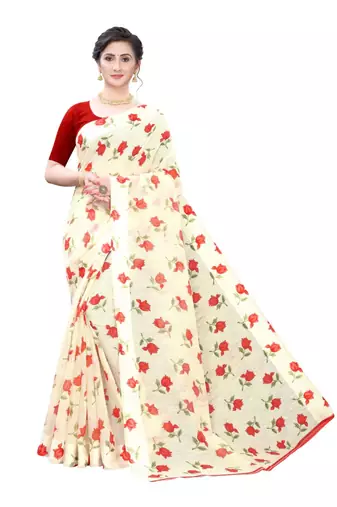 Cream Saree With Red Floral Print Art Silk Saree With Blouse