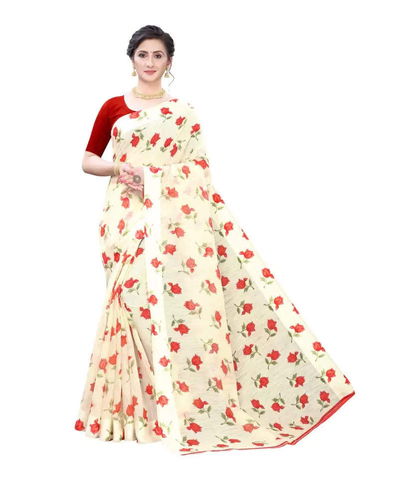 Cream Saree With Red Floral Print Art Silk Saree With Blouse