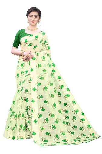 Cream Saree With Green Floral Print Art Silk Saree With Blouse