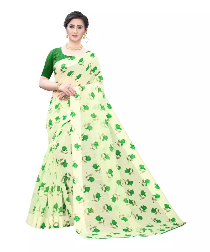 Cream Saree With Green Floral Print Art Silk Saree With Blouse