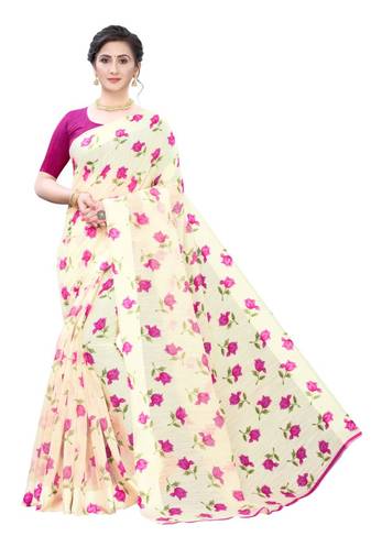 Cream Saree With Pink  Floral Print Art Silk Saree With Blouse