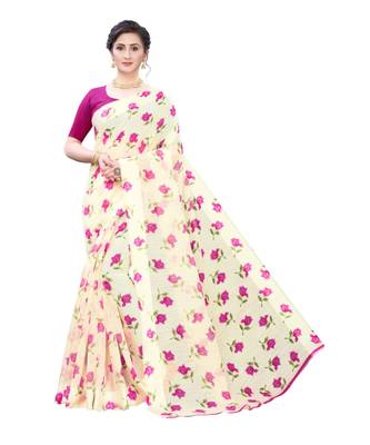 Cream Saree With Pink  Floral Print Art Silk Saree With Blouse 1