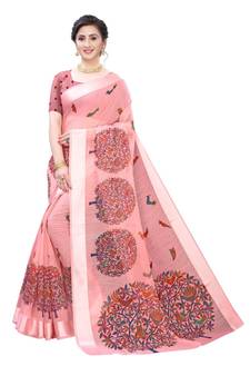 Pink Art Silk Floral Printed Saree With Blouse