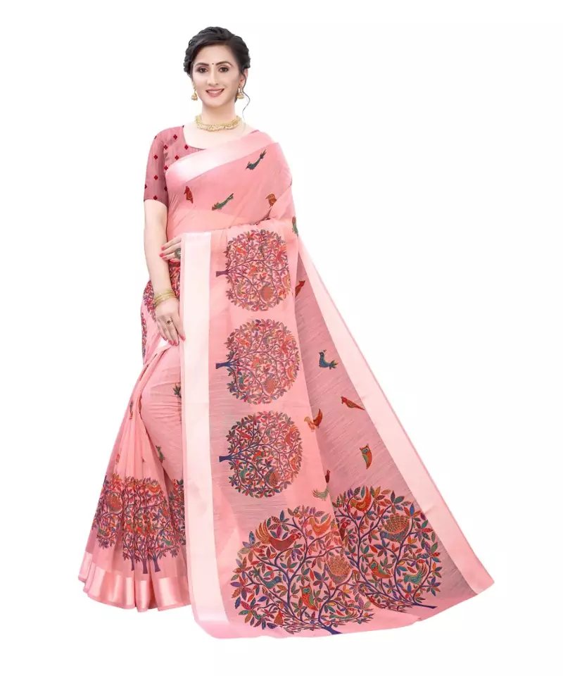Pink Art Silk Floral Printed Saree With Blouse