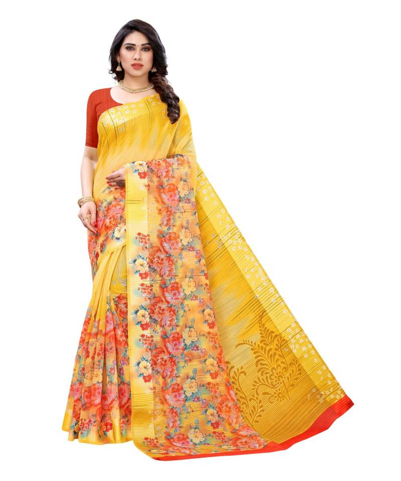 Yellow Art Silk Floral Printed Saree With Blouse