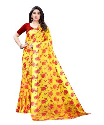 Yellow Saree With Red Floral Print Art Silk Saree With Blouse 1