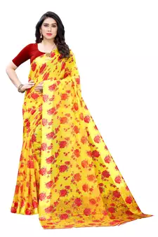 Yellow Saree With Red Floral Print Art Silk Saree With Blouse