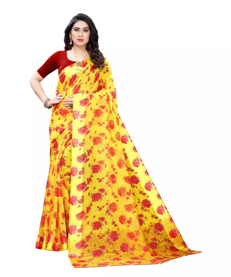 Yellow Saree With Red Floral Print Art Silk Saree With Blouse
