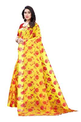 Yellow Saree With Red Floral Print Art Silk Saree With Blouse 2