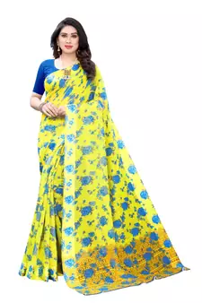 Yellow Saree With Blue Floral Print Art Silk Saree With Blouse