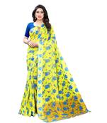 Yellow Saree With Blue Floral Print Art Silk Saree With Blouse