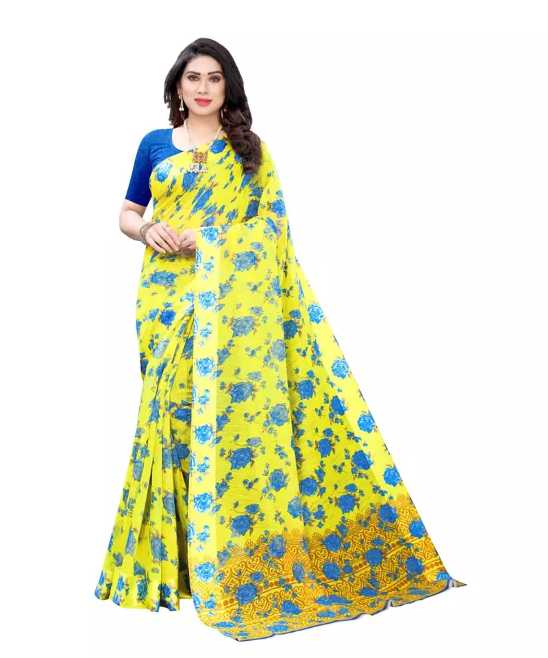 Yellow Saree With Blue Floral Print Art Silk Saree With Blouse