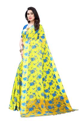 Yellow Saree With Blue Floral Print Art Silk Saree With Blouse 2