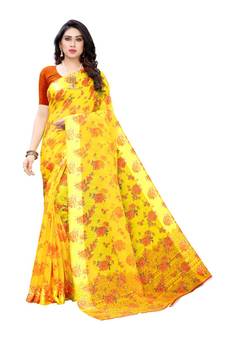 Yellow Saree With Orange Floral Print Art Silk Saree With Blouse