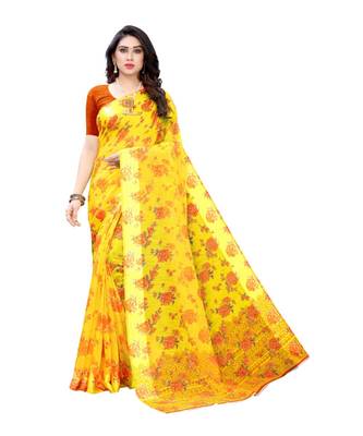 Yellow Saree With Orange Floral Print Art Silk Saree With Blouse 1