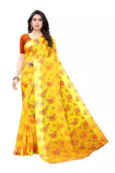 Yellow Saree With Orange Floral Print Art Silk Saree With Blouse