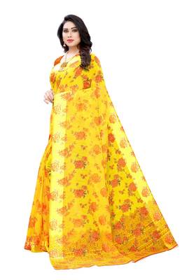 Yellow Saree With Orange Floral Print Art Silk Saree With Blouse 2