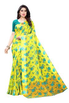 Yellow Saree With Blue Floral Print Art Silk Saree With Blouse