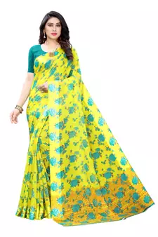 Yellow Saree With Blue Floral Print Art Silk Saree With Blouse