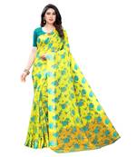 Yellow Saree With Blue Floral Print Art Silk Saree With Blouse