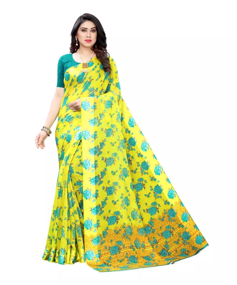 Yellow Saree With Blue Floral Print Art Silk Saree With Blouse