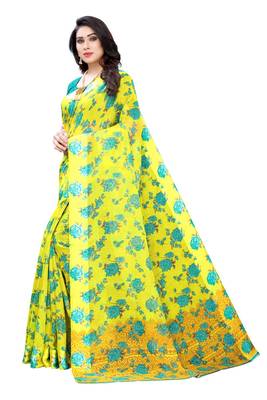 Yellow Saree With Blue Floral Print Art Silk Saree With Blouse 2