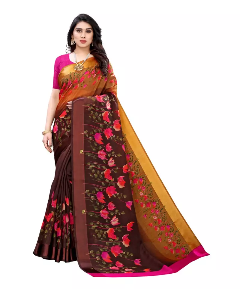 Brown Art Silk Floral Printed Saree With Blouse