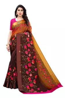 Brown Art Silk Floral Printed Saree With Blouse