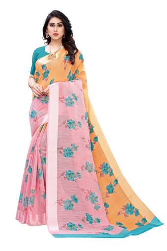 Orange & Pink Art Silk Floral Print Saree With Blouse