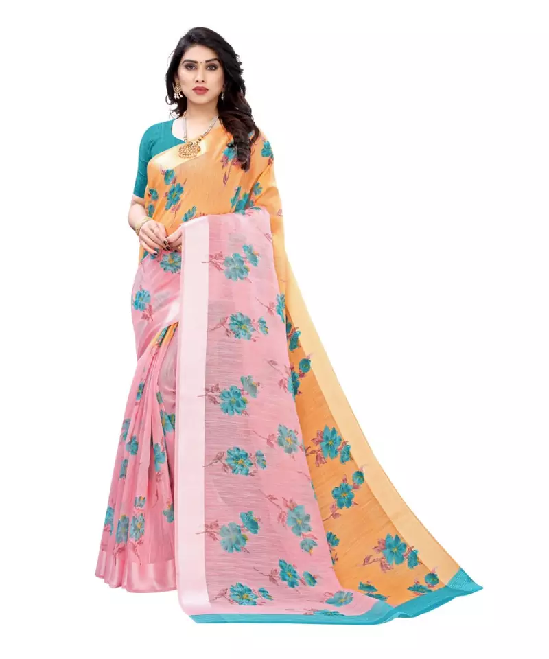 Orange & Pink Art Silk Floral Print Saree With Blouse