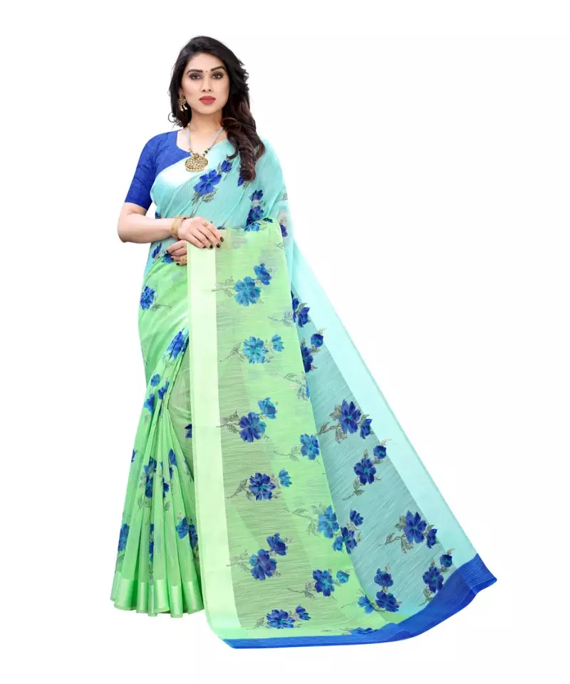 Blue & Green Art Silk Floral Print Saree With Blouse