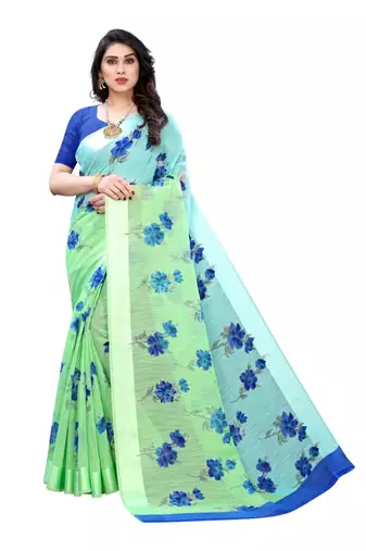 Blue & Green Art Silk Floral Print Saree With Blouse