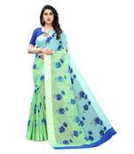 Blue & Green Art Silk Floral Print Saree With Blouse