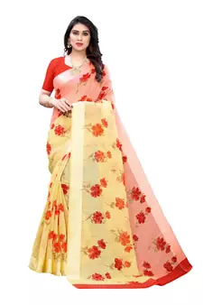 Pink & Yellow Art Silk Floral Print Saree With Blouse